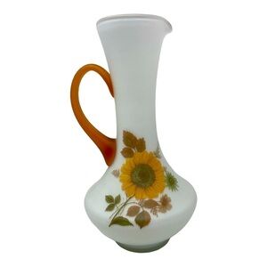 Erica. Beautiful Vintage White Frosted Floral Glass Pitcher. Amber Handle 10 1/2